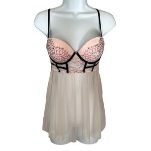 Victoria’s Secret sheer pink and black mesh and lace push up bra lingerie nighty